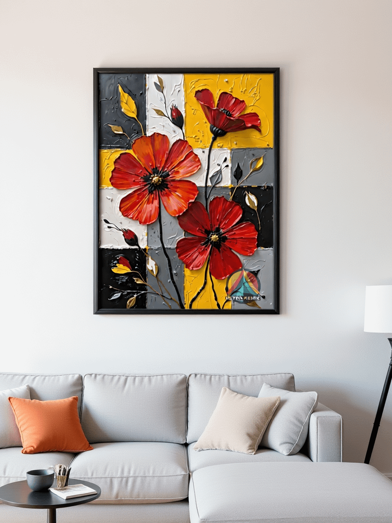 Bold Blooms & Retro Hues – Textured Floral Wall Art on Geometric Color Block Background product image (3)