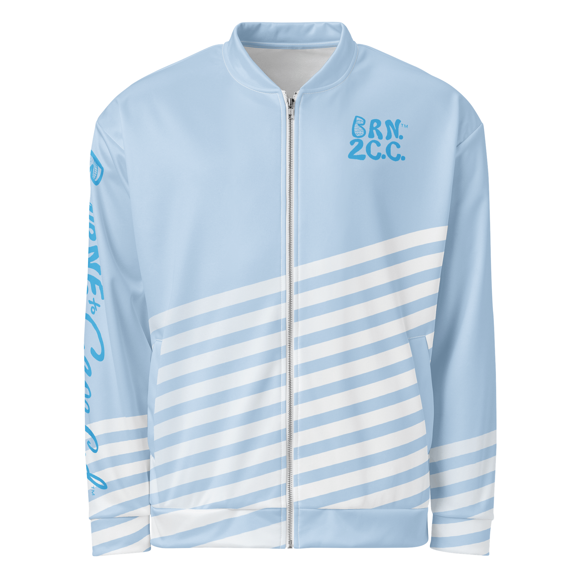 All-Over Print Bomber Jacket | Coastal Cool, City Bold | BOURNE to Cape Cod™ + BRN.2C.C.™ Style | Deep Sky Blue Logos on Skyline Stripes product image (1)