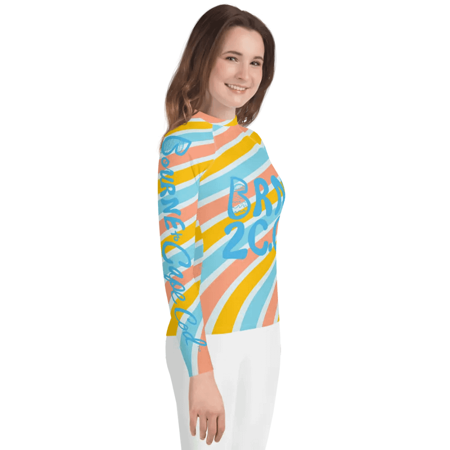 Girls' | YOUTH | Rash Guard | BRN.2C.C.™ Front Graphic | BOURNE to Cape Cod™ Sleeve & Back Logo | Coastal Swim Shirt for Kids | UV Protection Activewear | Blue Logo on Bright Stripes product image (4)
