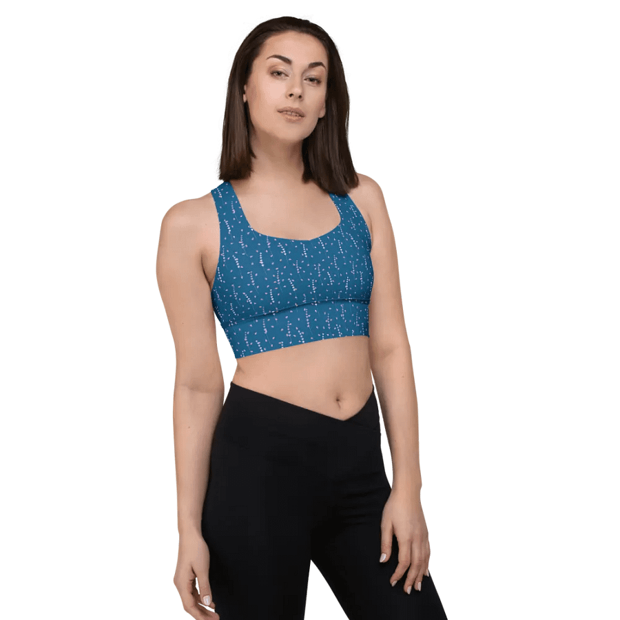 longline sports bra in teal with fine lavender print. product image (5)