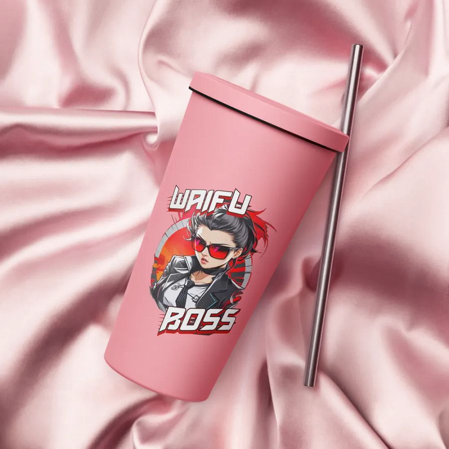 Waifu Boss 20 oz Tumbler Cup - Pink - Insulated Tumbler with a Straw v1 product image (4)