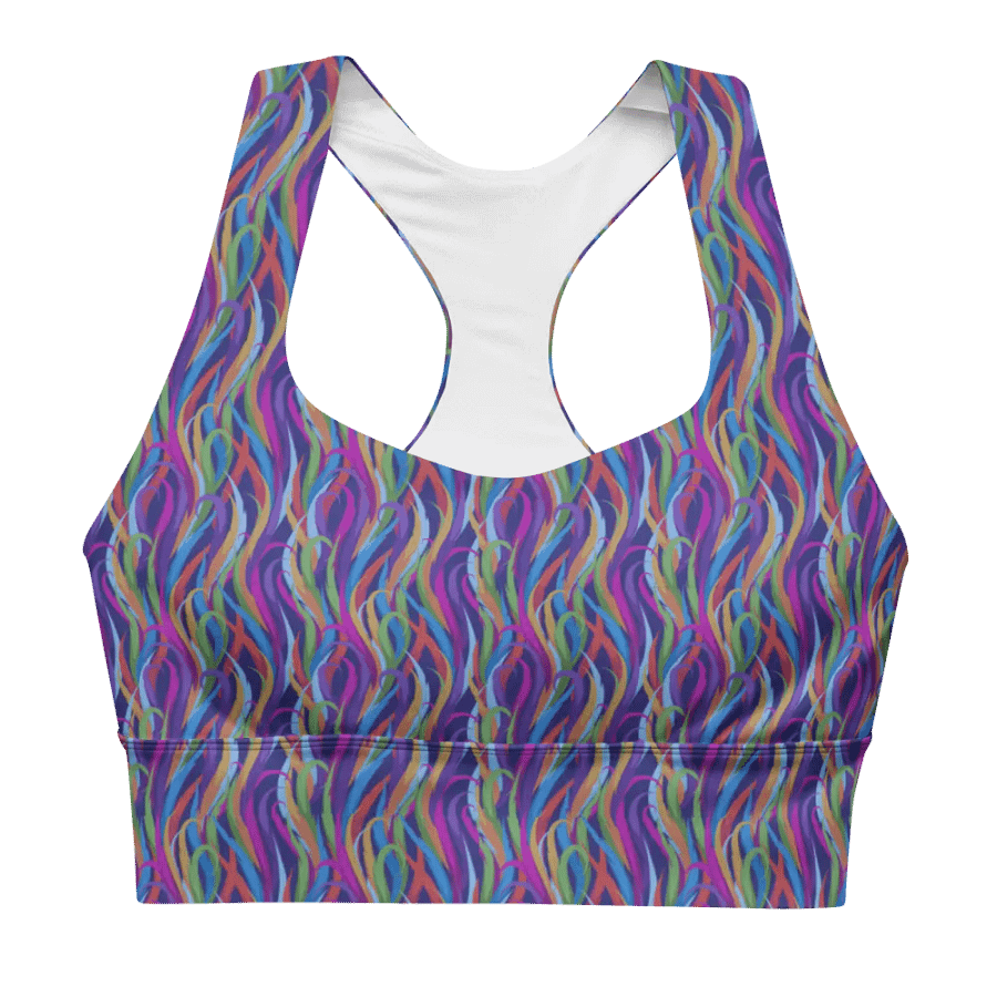 Longline sportsbra with  modern colorful design in magenta mauves on black product image (8)