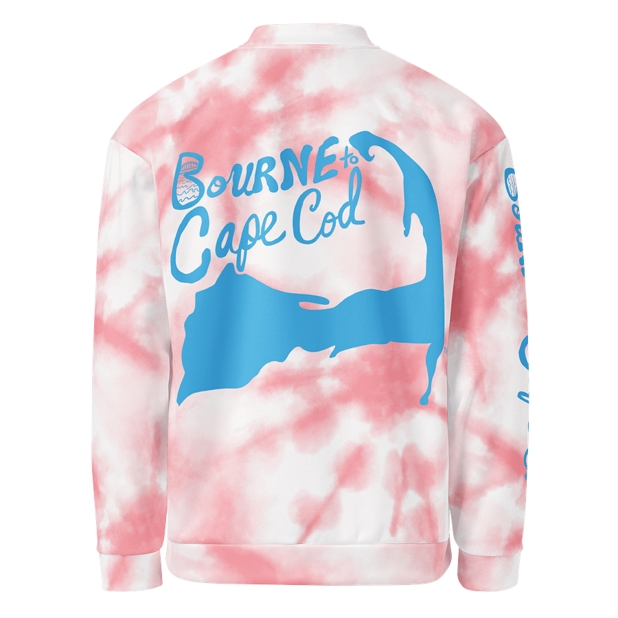 All-Over Print Bomber Jacket | Coastal Cool, City Bold | BOURNE to Cape Cod™ + BRN.2C.C.™ Style | Deep Sky Blue Logos on Pink Tie-Dye product image (2)