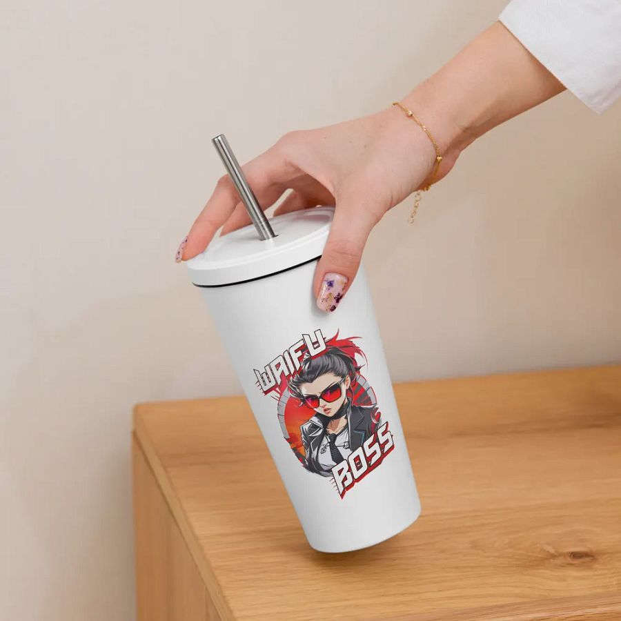 Waifu Boss 20 oz Tumbler Cup - White - Insulated Tumbler with a Straw v1 product image (6)