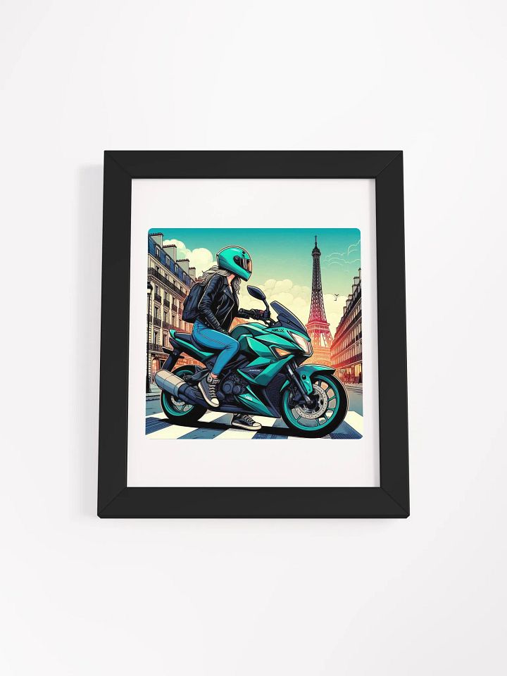 Vibrant Ayous Wood Framed Matte Poster | Biker women in Paris city France AIwork product image (1)