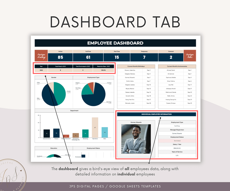 Employee Directory & Dashboard Spreadsheet, Google Sheets Template, Employee Photo Directory, HR Dashboard product image (5)