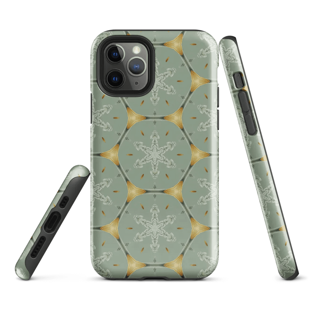 Tough Phone Case for iPhone® - Gold on Green Geometric Honeycomb Snowflakes product image (1)