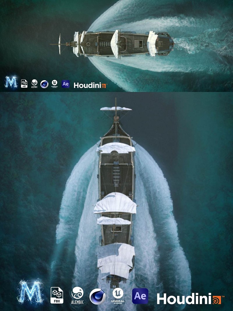 Houdini Pirate Ship Sailing Flip Fluid Project File (.Hip File)
