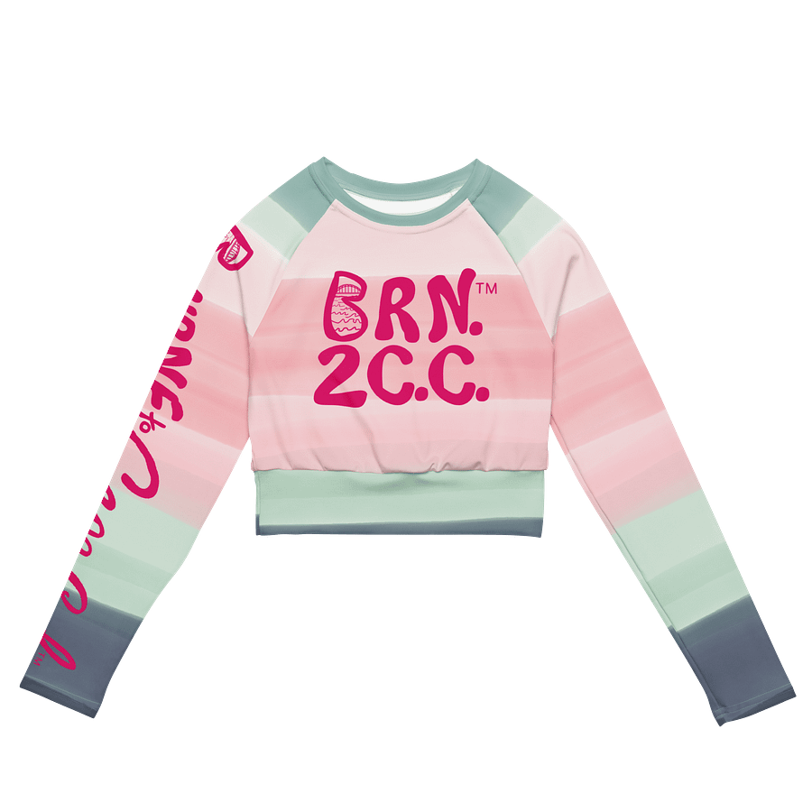 BOURNE to Cape Cod™ Crop Top | BRN.2C.C.™ Coastal Bold | Recycled Long Sleeve Statement Wear 🌊💃☀️ | Vibrant Pink Logos on Horizon Stripes product image (3)