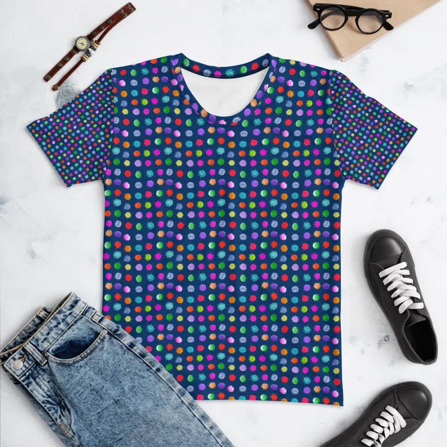 Ladies all over print t shirt navy with watercolor dots design. Ideal or casual as well as evening wear. product image (10)