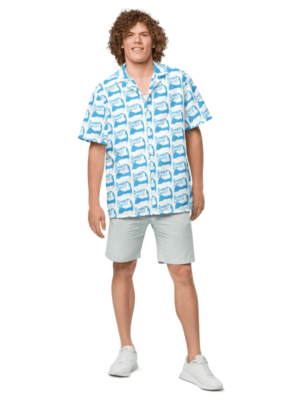 Women's | BOURNE to Cape Cod™ | Hawaiian Shirt | Classic Coastal Vibes | All-Over Logo Print | Blue on White product image (5)
