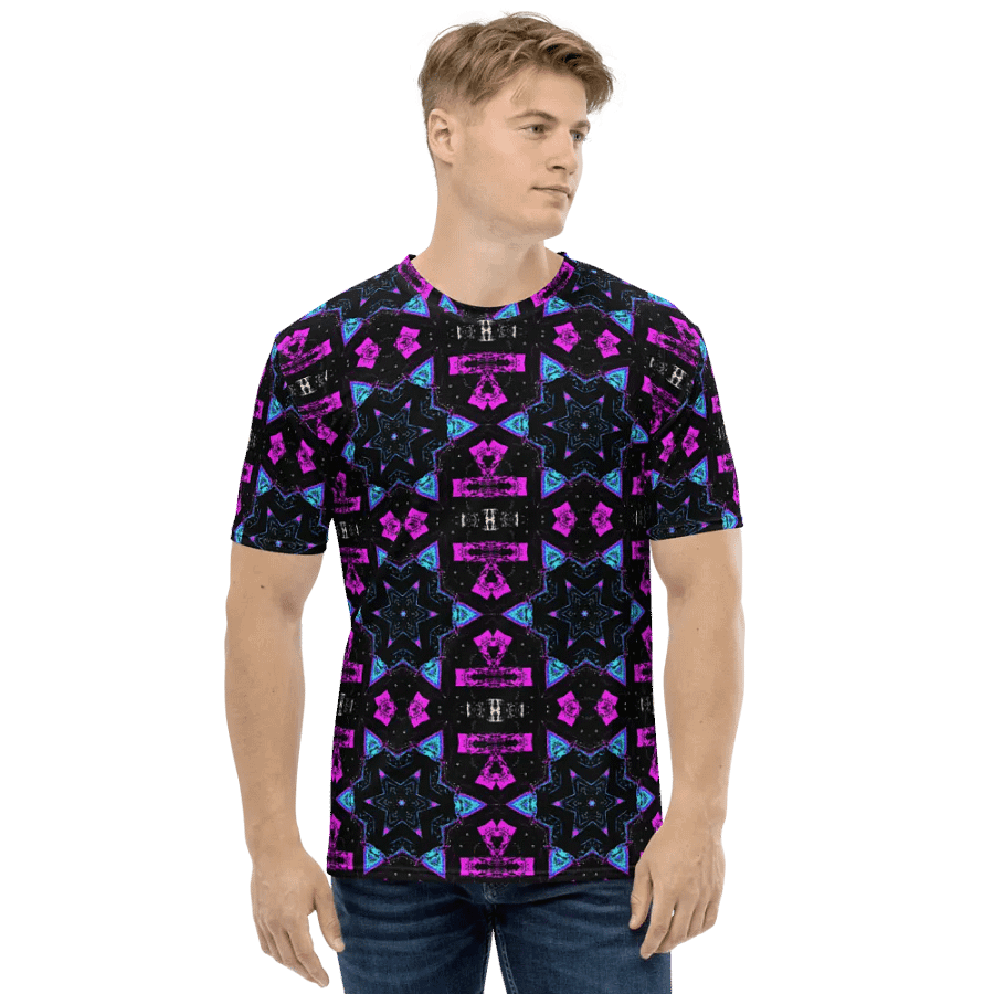 Abstract Pink, Turquoise and Black Repeating Star Pattern Men's T Shirt product image (3)