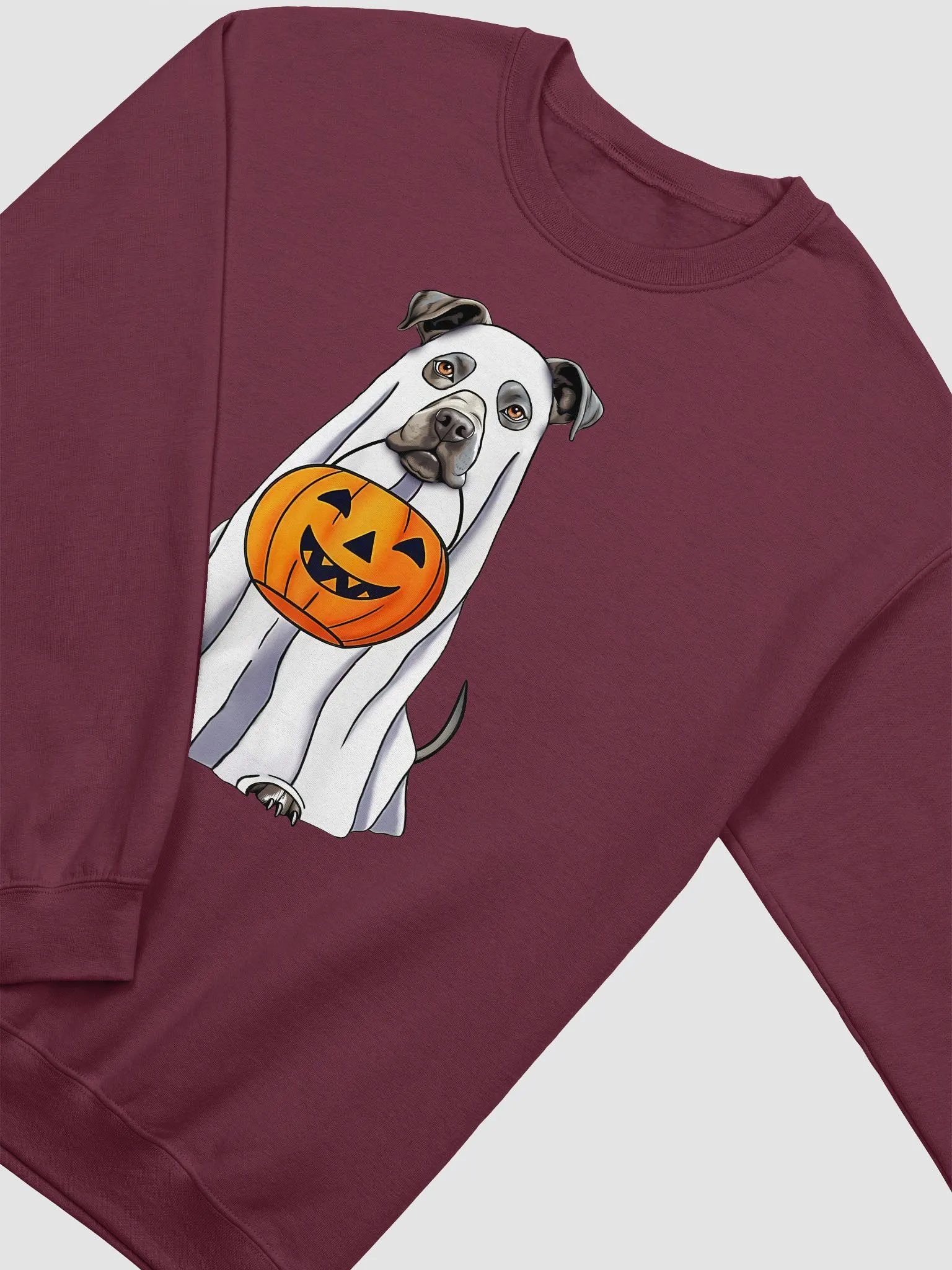 Pitbull(Blue/Gray) Halloween Sweatshirt | Funny Halloween Staffordshire Wearing a Ghost Costume with Pumpkin Basket product image (17)