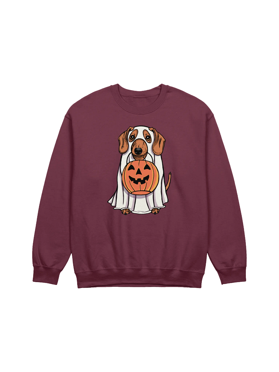 Funny Halloween Dachshund(Tan) Sweatshirt | Funny Doxie/Wiener Wearing a Ghost Costume and Holding a Pumpkin Basket product image (12)