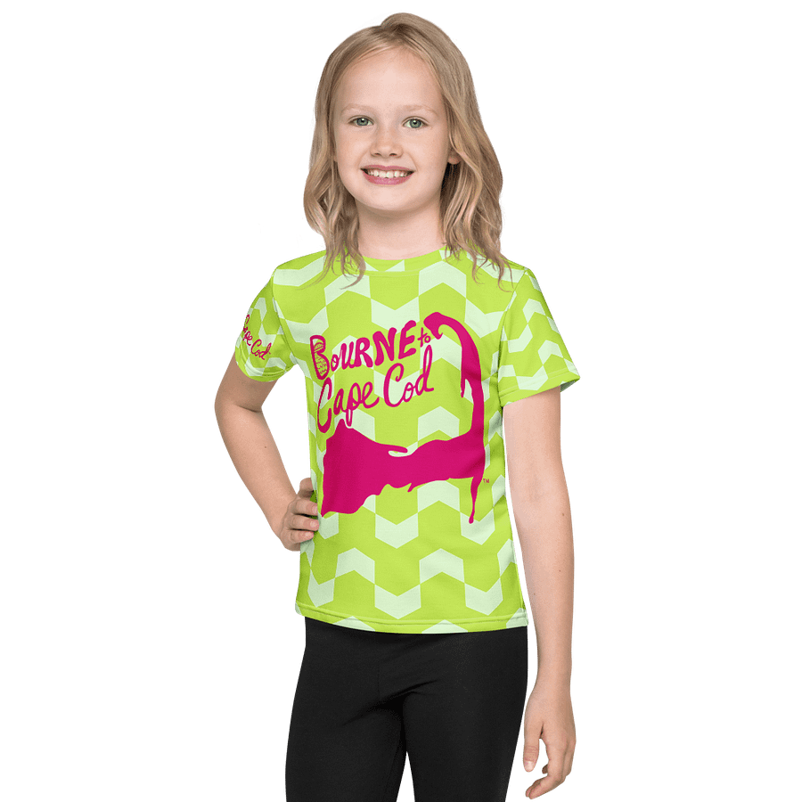 Girls' | Little Kids T-Shirt | BOURNE to Cape Cod™ | Vibrant Coastal Tee for Kids | Pink Logo on Citrine Arrows product image (1)