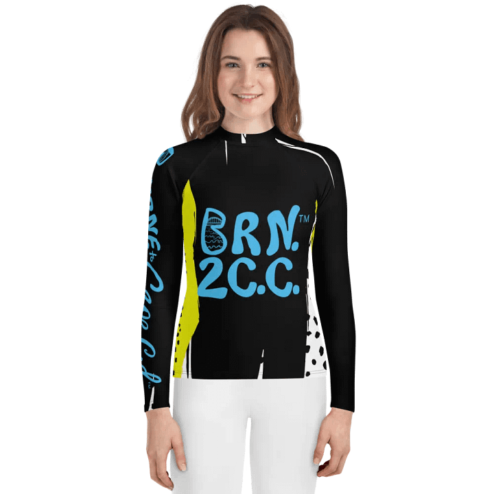 Girls' | YOUTH | Rash Guard | BRN.2C.C.™ Front Graphic | BOURNE to Cape Cod™ Sleeve & Back Logo | Coastal Swim Shirt for Kids | UV Protection Activewear | Blue Logo | Animal Abstract product image (1)