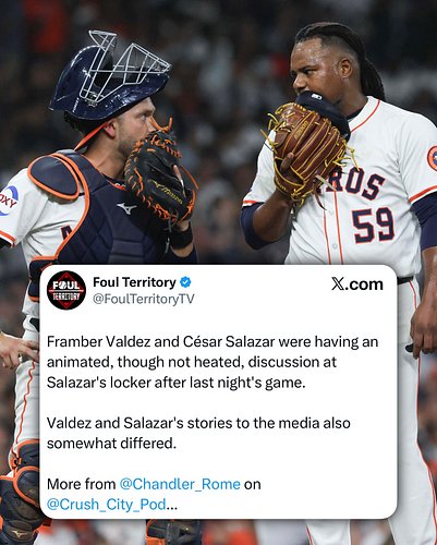 Framber Valdez and César Salazar were having an animated, though not heated, discussion at Salazar’s locker after last night’...