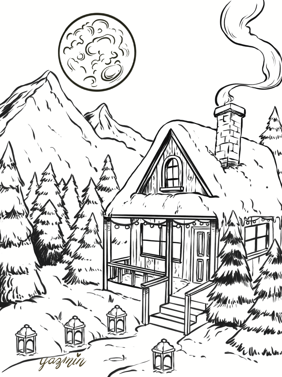 Moonlit Winter Cottage Coloring Page for Adults and Kids – Cozy Snowy Forest Scene product image (1)