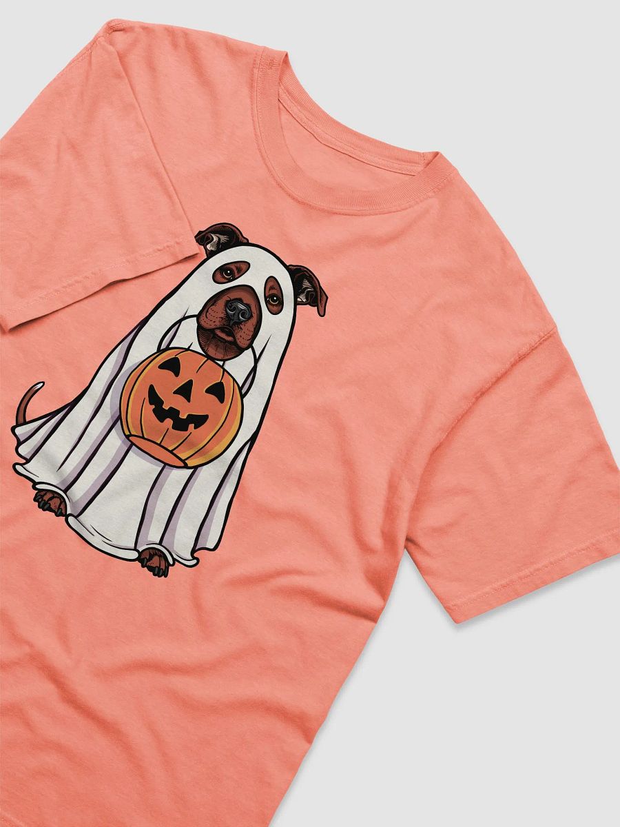 Funny Halloween Staffordshire Terrier(Red) T-Shirt | Funny Staffy Wearing a Ghost Costume and Holding a Pumpkin Basket product image (24)