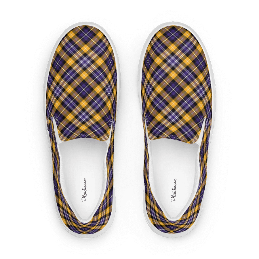 Purple and Yellow Gold Sporty Plaid Women's Slip On Shoes product image (9)