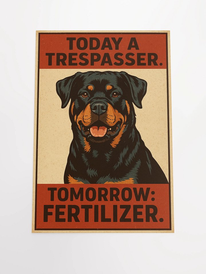 Rottweiler - Today A Trespasser. Tomorrow: Fertilizer. Poster product image (2)
