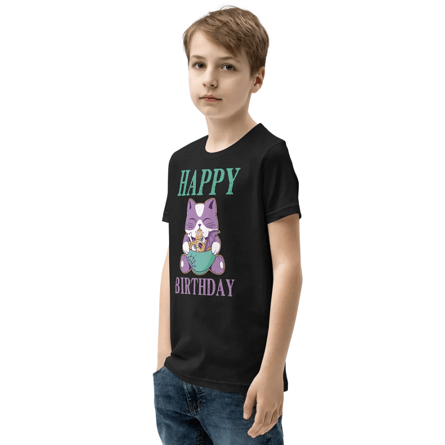 Happy Birthday (Spooky Cat Eating Noodles) T-Shirt For Kids product image (3)