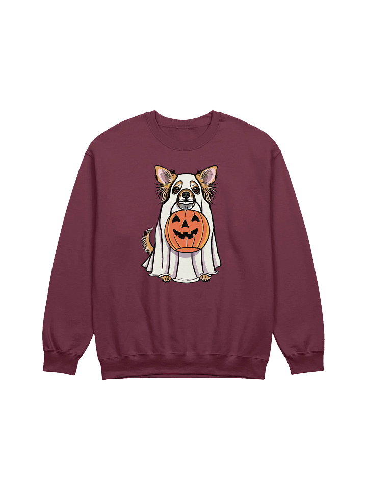 Funny Halloween Longhaired Chihuahua Sweatshirt | Funny Chihuahua Wearing a Ghost Costume and Holding a Pumpkin Basket product image (1)