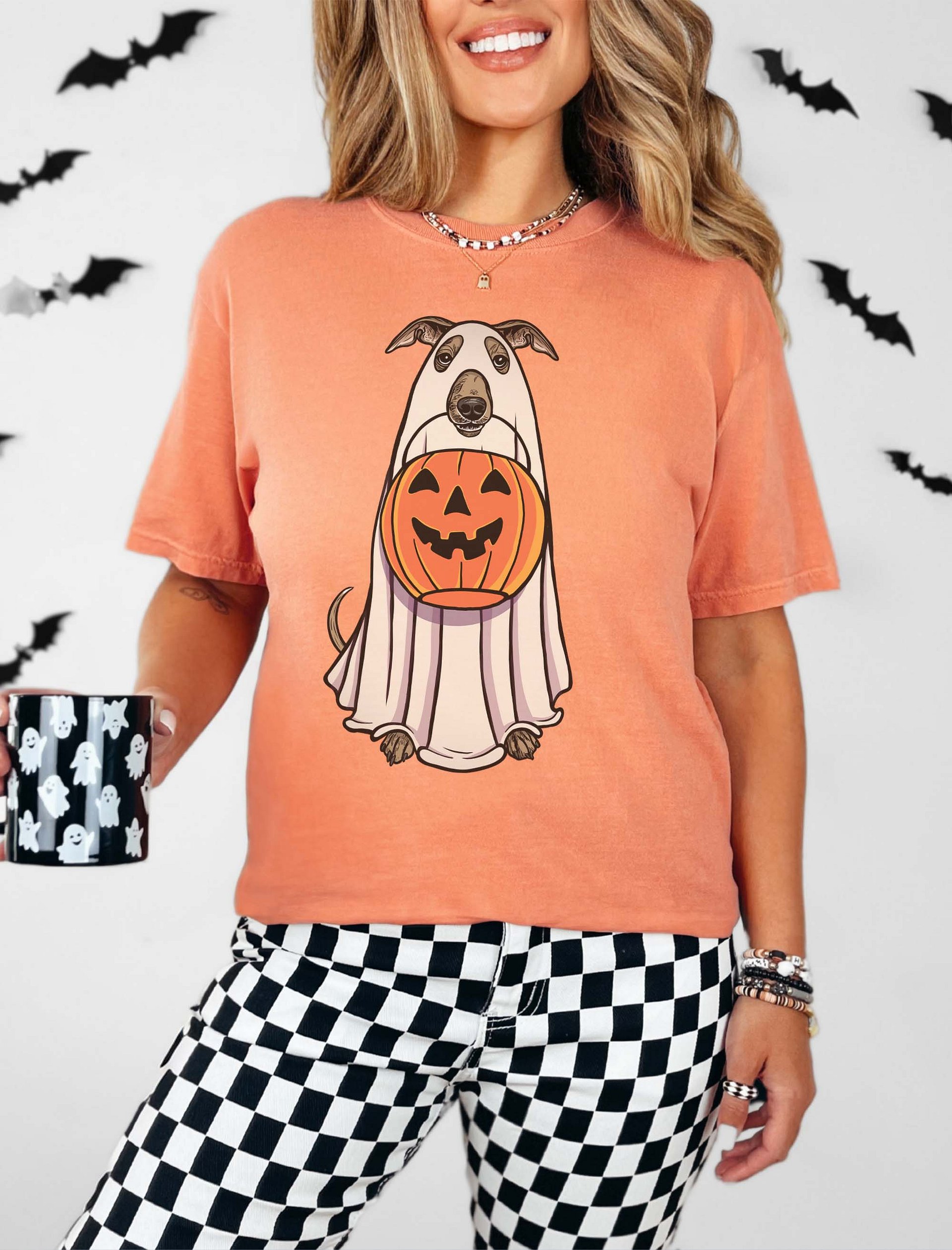 Funny Halloween Italian Greyhound(Blue Fawn) T-Shirt | Funny Iggy Wearing a Ghost Costume and Holding a Pumpkin Basket product image (19)
