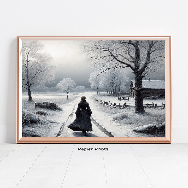 Winter's Serenity: Vintage Oil Painting of Woman Walking in Forest product image (2)