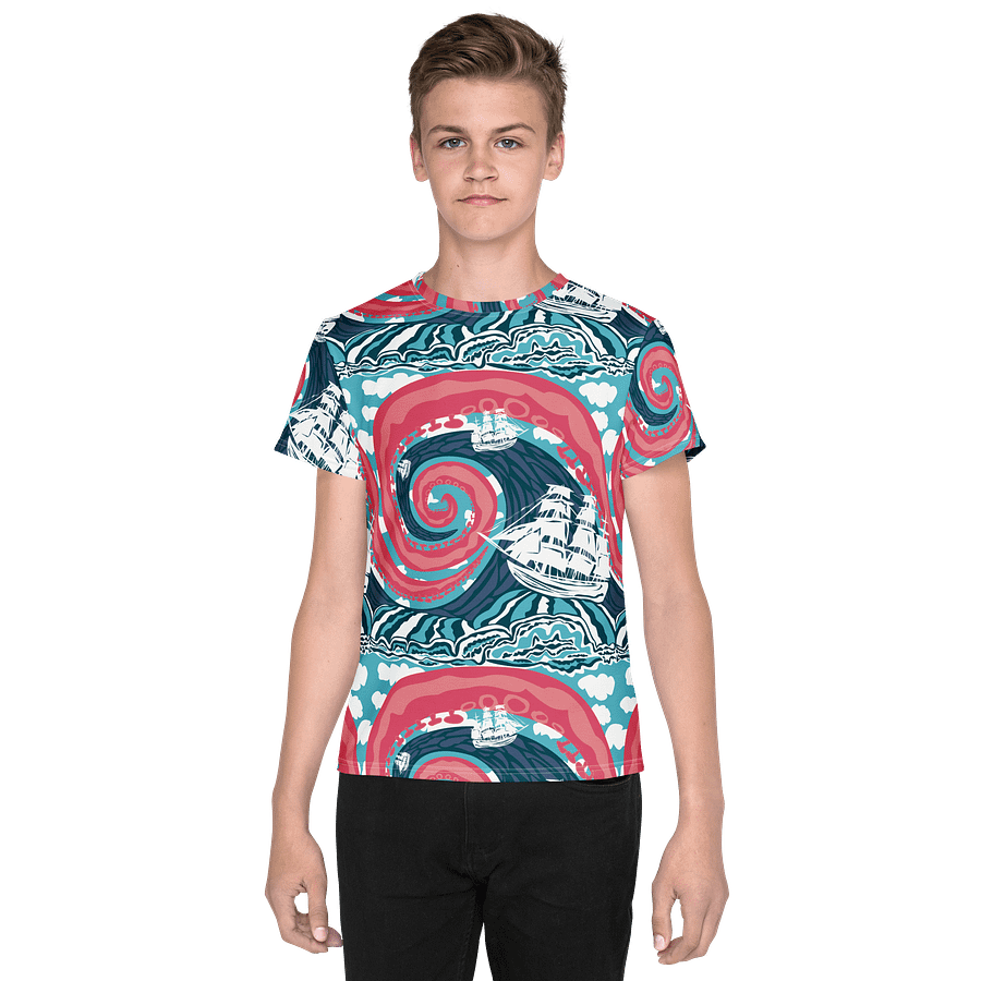 YOUTH | Boys’ Nautical Adventure Tee | Kraken Vibes All-Over Print | Ocean Explorer Edition | Monique Faella Designs™ product image (1)