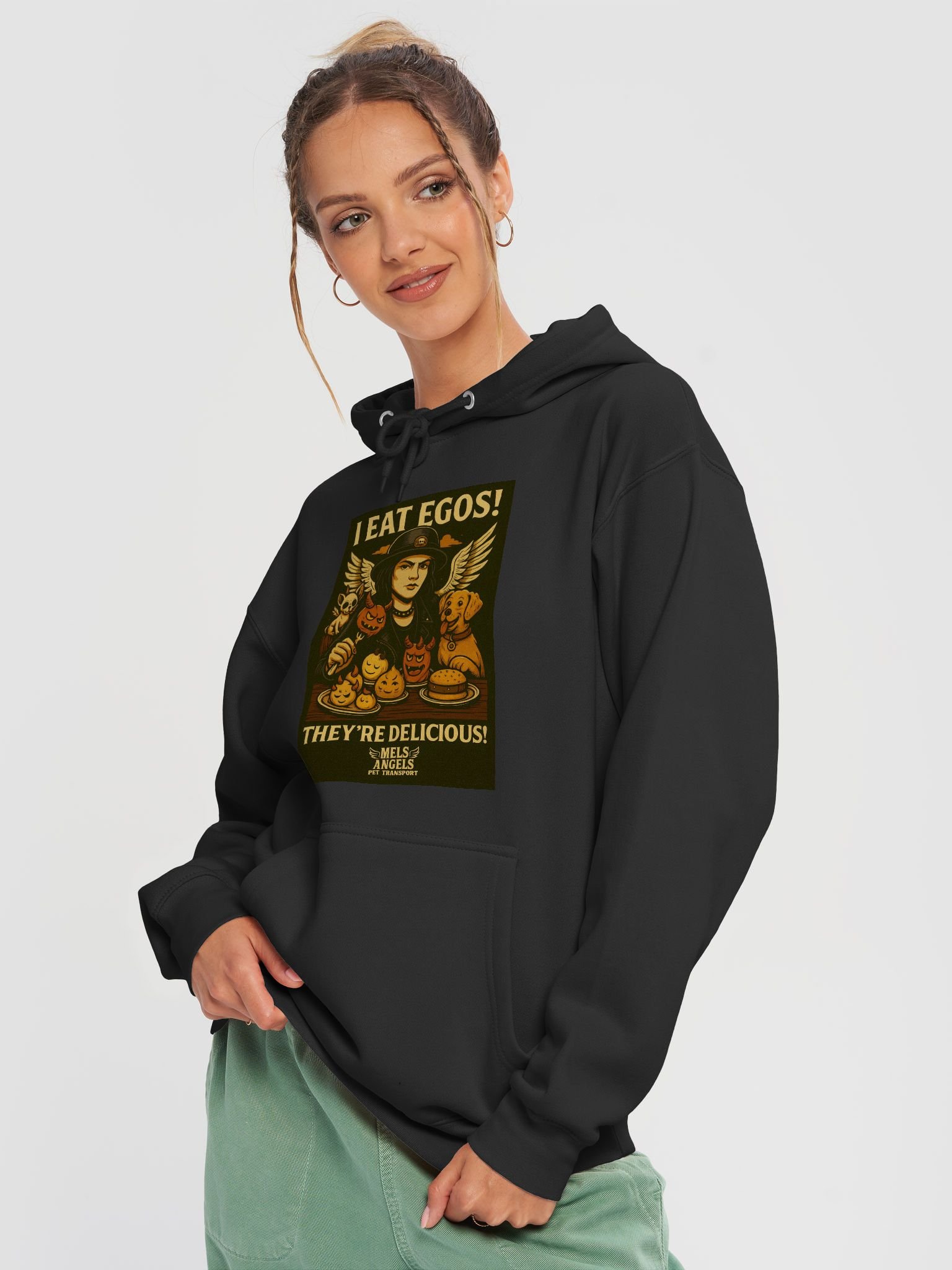 Mel’s Angels "I Eat Egos – They’re Delicious" Hoodie | Vintage Punk Rock Dog Lover Graphic Sweatshirt product image (4)
