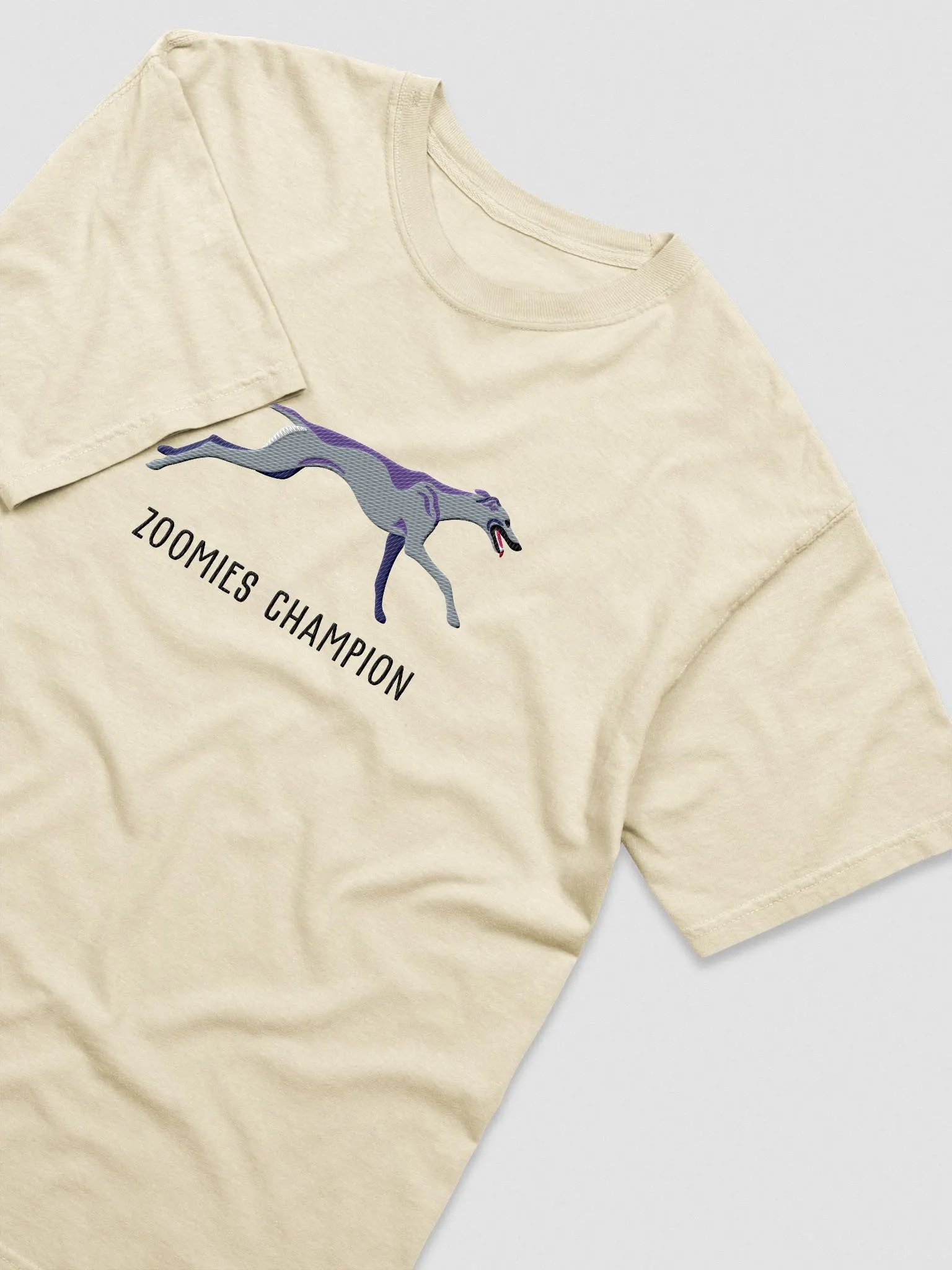 Zoomies Champion T-Shirt(Embroidered) of a Greyhound(Blue) product image (6)