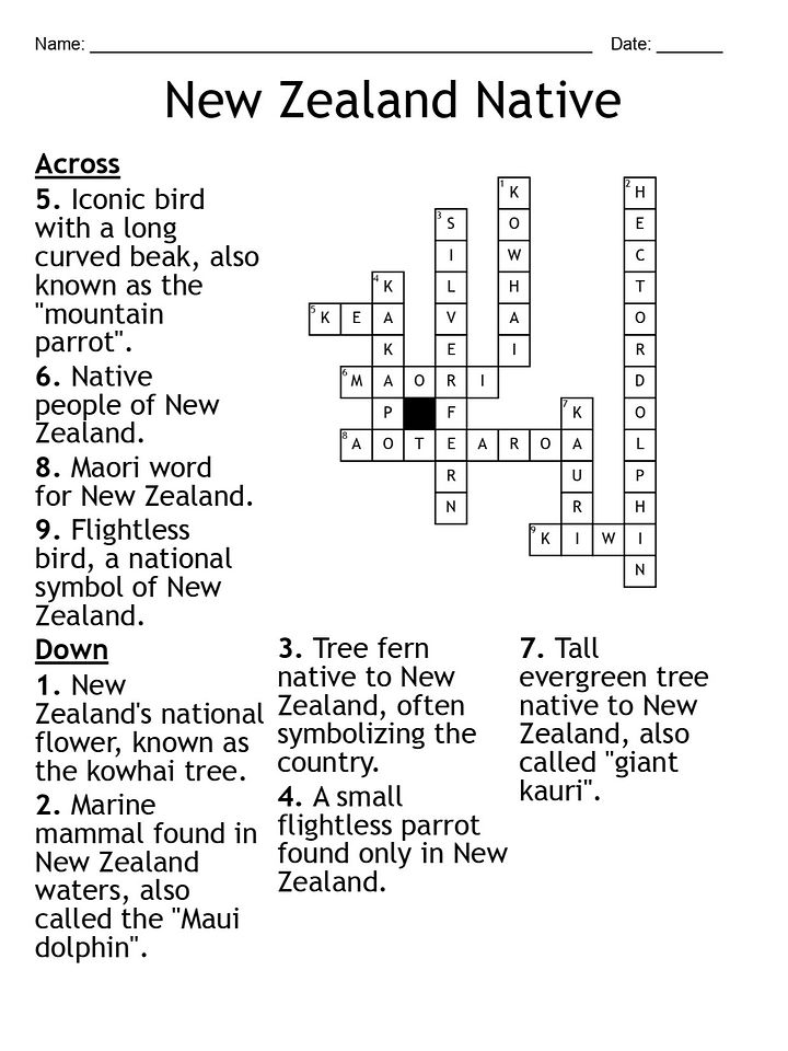 New Zealand Native Crossword Puzzle: Fun and Educational Geography Activity product image (2)