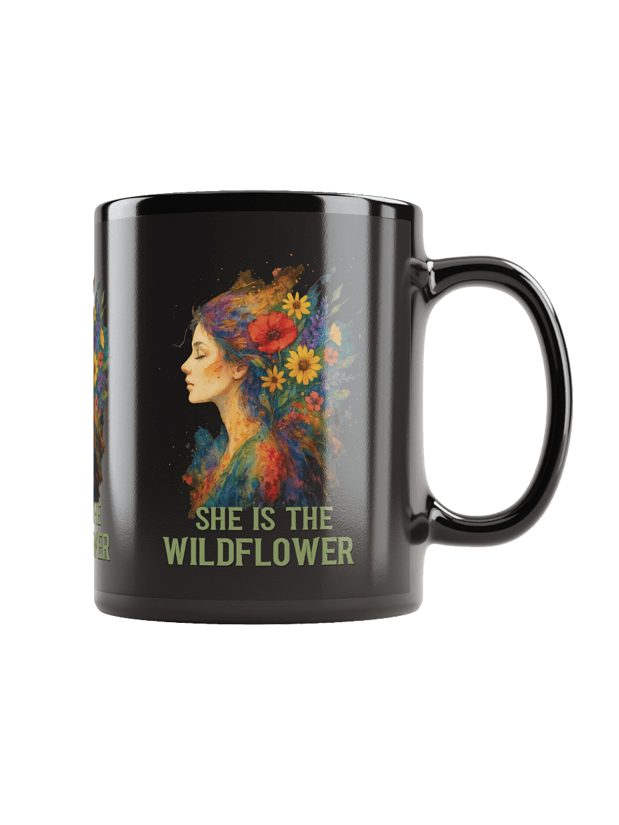 She Is the Wildflower Black Mug – Boho Floral Naturecore Coffee Cup (11oz & 15oz) product image (1)