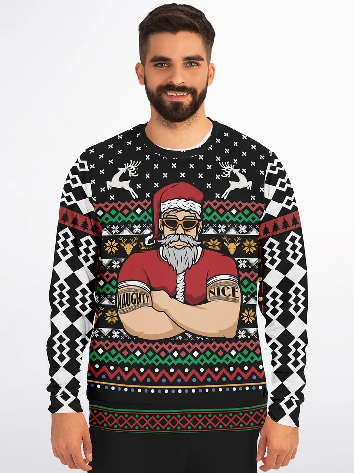 Naughty & Nice Tattooed Santa Ugly Christmas Sweater - Cool Santa with Sunglasses Fair Isle Knit Holiday Jumper product image (1)