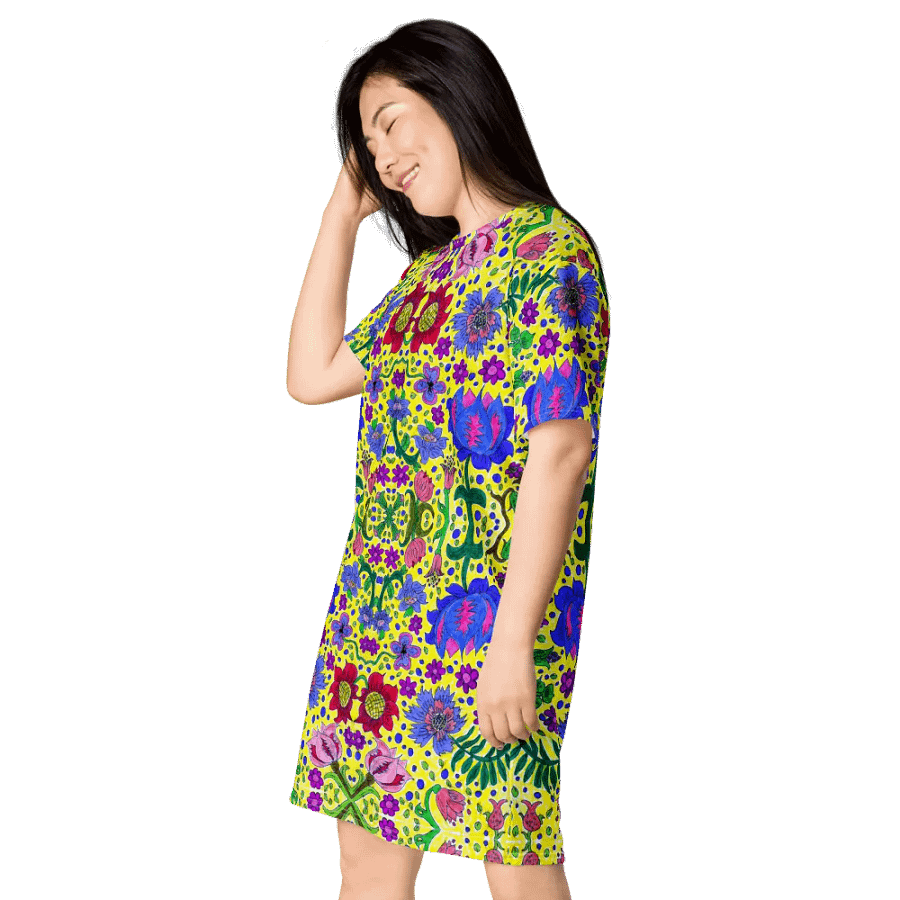 Abstract Vibrant Flower Garden Ladies T Shirt Dress product image (4)
