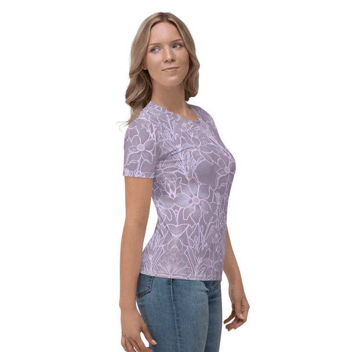 Line art Lilac and Pink Floral/All-Over Print Women's Crew Neck T-Shirt by Sublicolor product image (1)