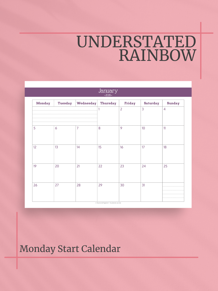 Understated Rainbow 2026 Calendar - Single Page per Month, Monday Start, Letter Size product image (1)