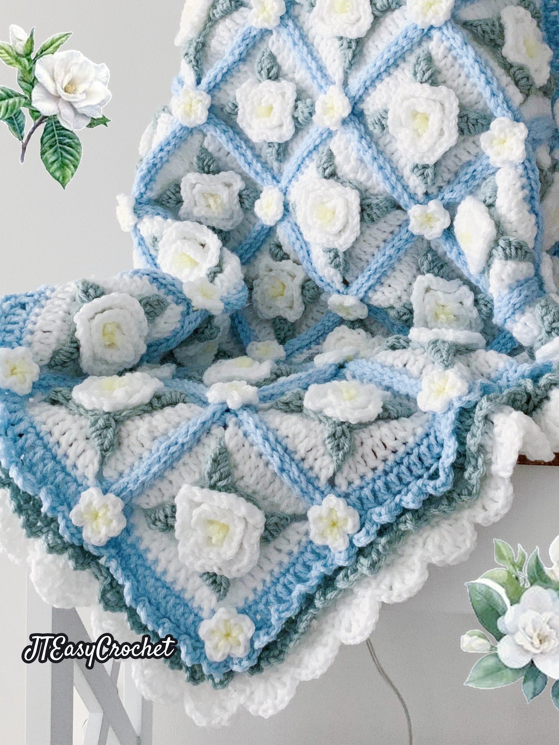 Frozen Garden Baby Blanket Throw Crochet Pattern, Gardenia 3D Granny Square Blanket, PDF Instant Download product image (10)