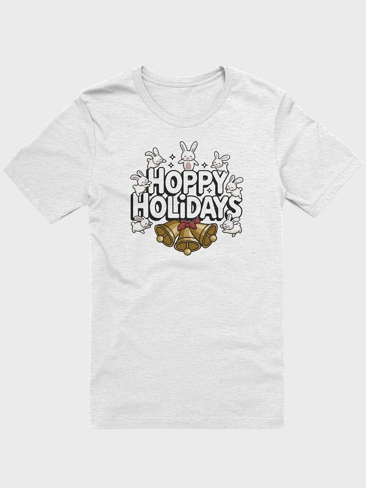 “HOPPY HOLIDAYS” t-shirt, Holiday-themed shirt, Playful rabbit design, Perfect for holiday celebrations, Fun gift idea for friends and family, Unique festive fashion, Light-hearted holiday, gift idea product image (1)