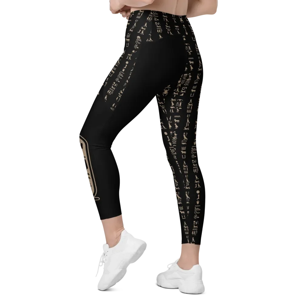 Nefertiti Black Hieroglyphs All-Over Print Crossover Leggings with Pockets product image (6)