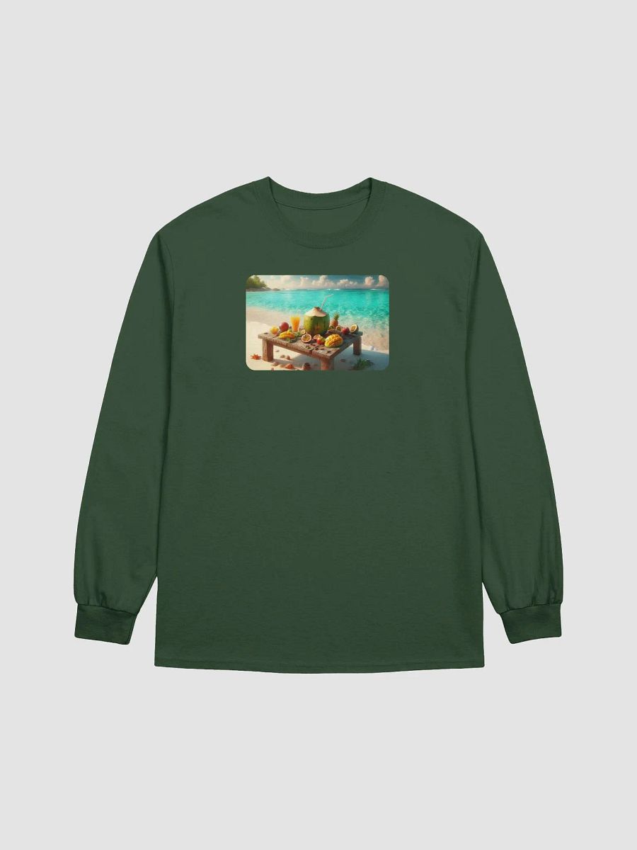 Tropical Fruit Paradise Long Sleeve Tee | AI Design – Sea Water on White Sand product image (1)