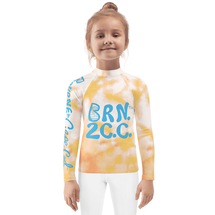 Girls' | Little KIDS | Rash Guard | BRN.2C.C.™ Front Print | BOURNE to Cape Cod™ Back & Sleeve Logo | Coastal UV Shirt for Active Kids | Slim Fit Swim Top | Blue Logo on Orange Tie-Dye product image (1)