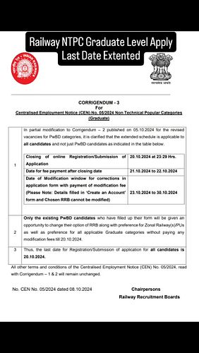 Railway NTPC Graduate Level Apply Last Date Extented #rrb #ntpc