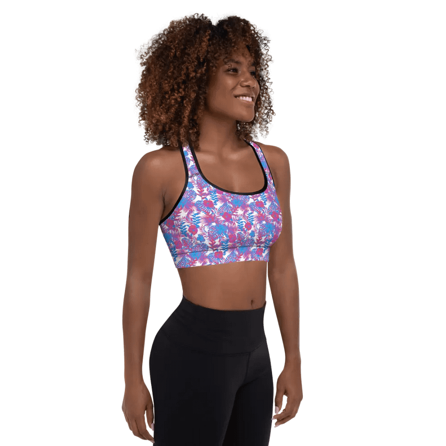 padded sports bra in  blue and pink colors tropical leaves design. Perfect for holiday vibes product image (5)