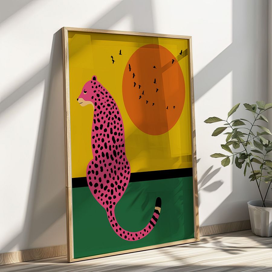 Pink Leopard with Sunset Scenery Colorful Art Print product image (5)