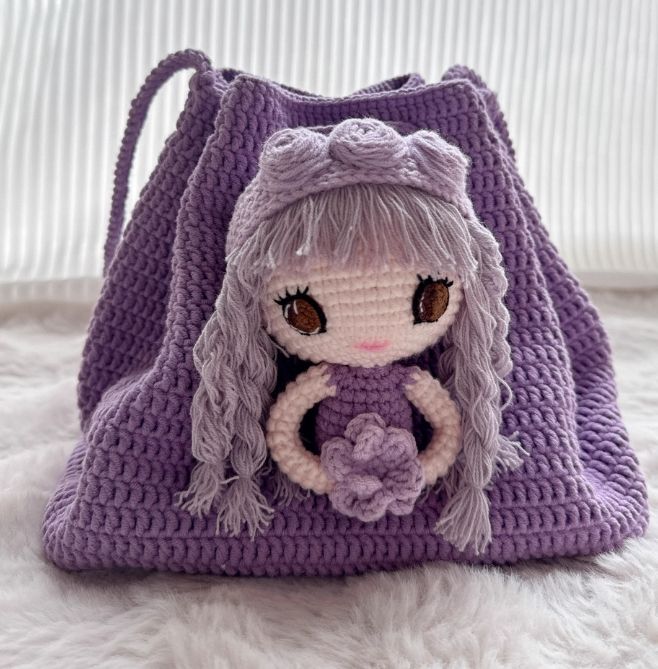 Purple Crochet Bag with 3D Girl Doll – PDF Pattern product image (1)