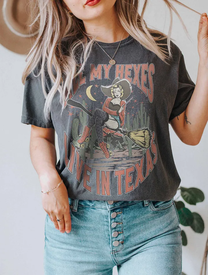All My Hexes Live in Texas Cowboy Witch(2) T-Shirt | Funny Western-Themed Fall and Halloween T-Shirt Design product image (20)