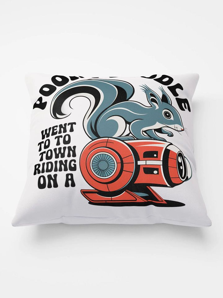 Comfy Pillow: Pooky Noodle Went To Town Riding on a robot, hippie font, red robot, squirrel on top, retro design product image (1)