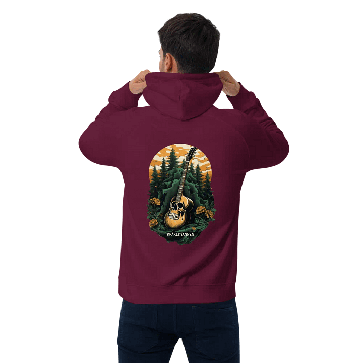 Unisex Eco Raglan Hoodie 🌲 Dark green spruce forest with a skull-shaped guitar product image (1)